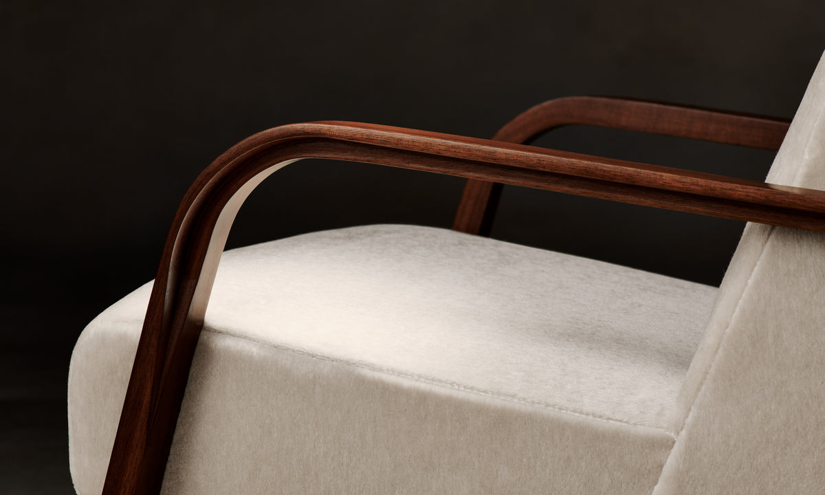 felix wood arm accent chair in beige mohair, seat close up view
