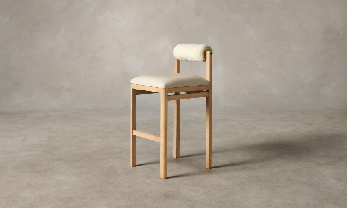 The Thayer Bar & Counter Stool - Costa Leather Sesame Seat with Shearling Ivory Bolster