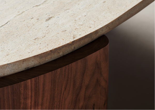 travertine top and wood base coffee table close-up