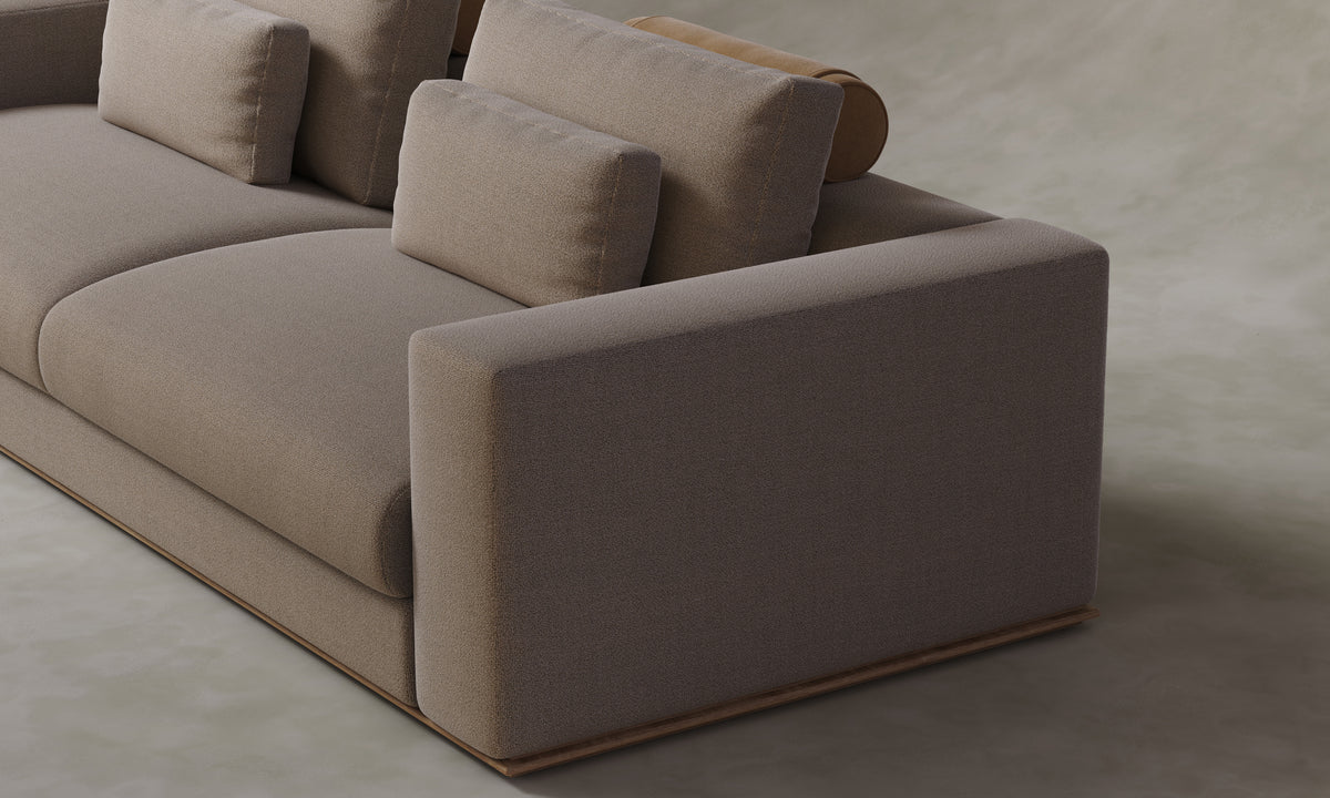The Nicola Sofa in Mixed Materials - Performance Textural Weave Earthen with Nubuck Leather Rye