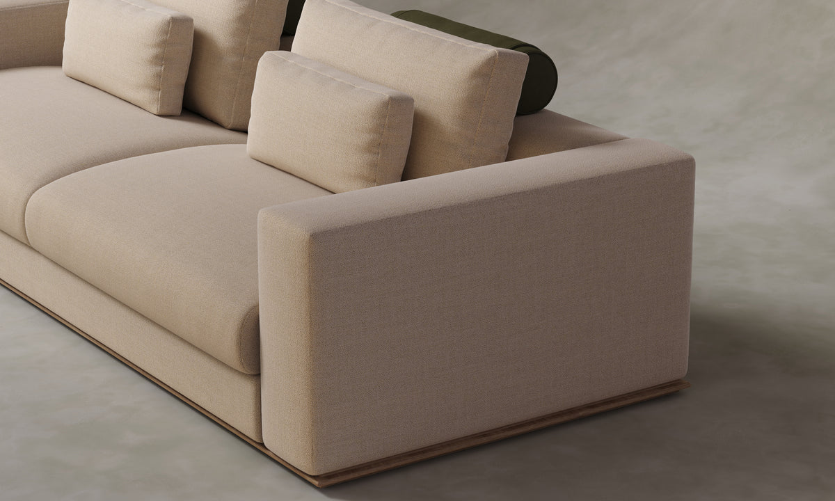 The Nicola Sofa in Mixed Materials - Performance Textural Weave Savanna with Nubuck Leather Artichoke