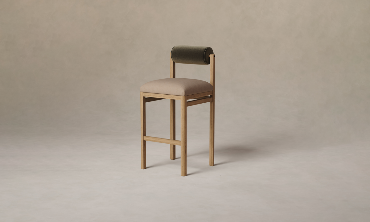 The Thayer Bar and Counter Stool - Nubuck Leather Fawn Seat with Mohair Moss Bolster