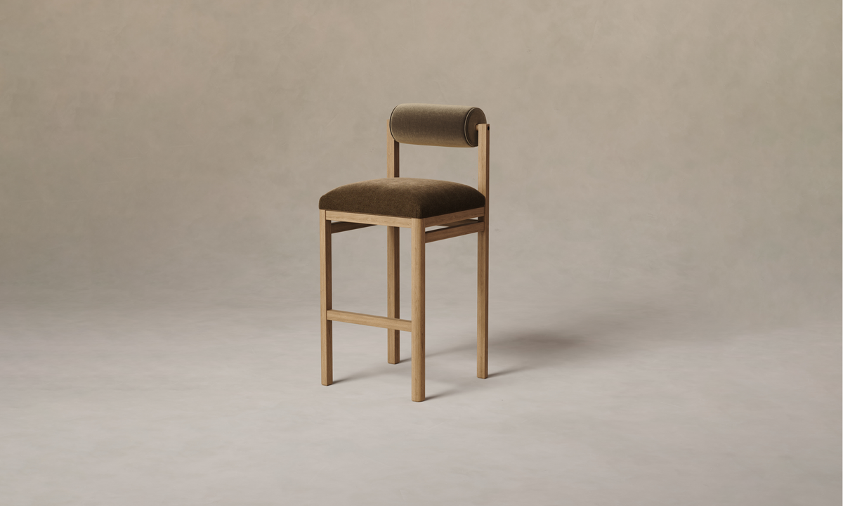 The Thayer Bar and Counter Stool - Performance Velvet Bark Seat with Mohair Mink Bolster