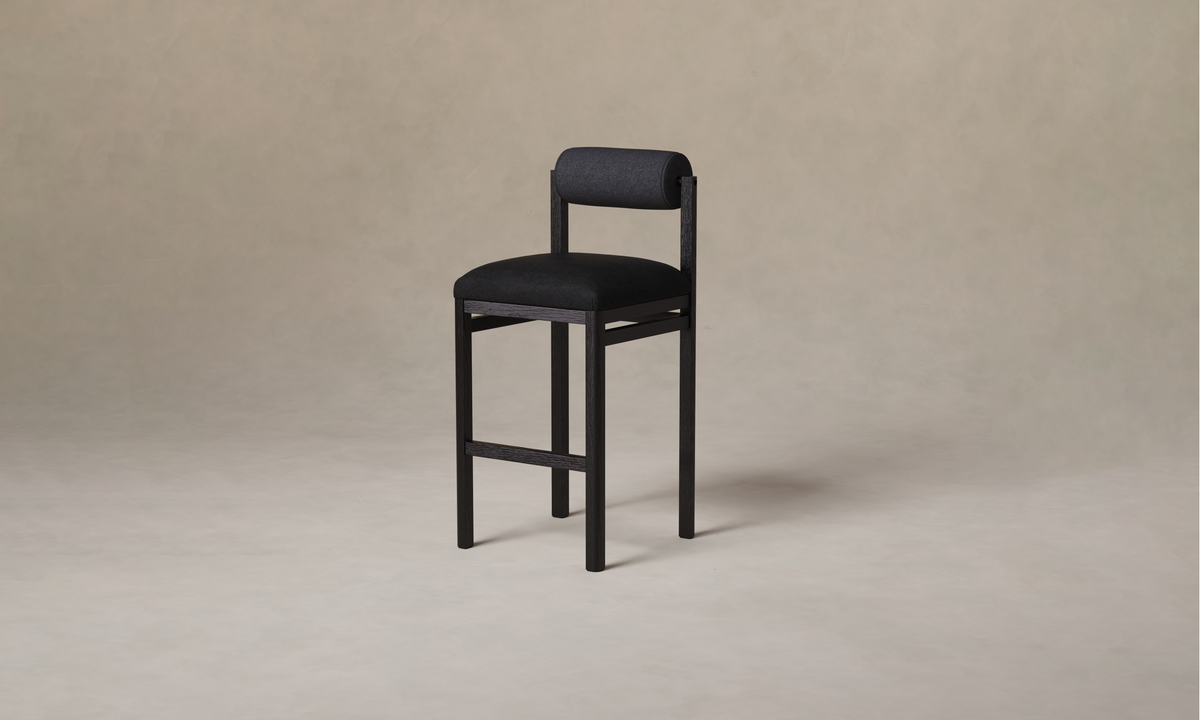 The Thayer Bar and Counter Stool - Pebbled Leather Ink Seat with Italian Brushed Wool Pepper Bolster