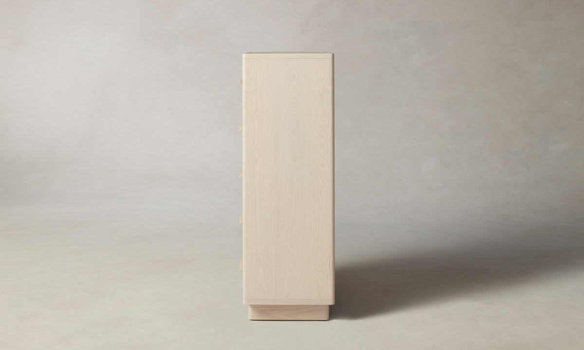 clinton white ash wood tall dresser with five drawers - side panel view