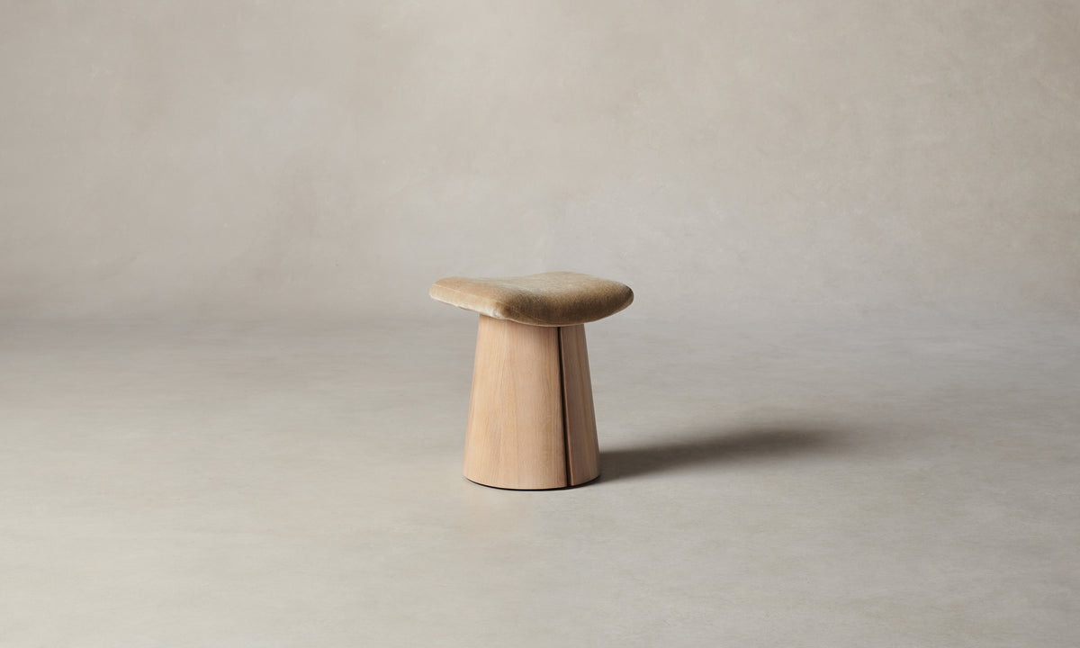 weston stool in white oak wood and almond mohair